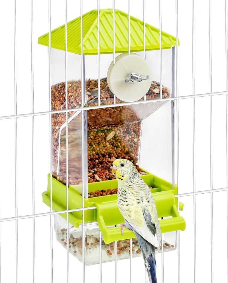 Hamiledyi Automatic Bird Feeder No Mess Bird Cage Feeder Seed Food Container with Perch Transparent Parrot Cage Accessories for Parakeets, Budgies, Cockatoos, Finches, Lovebirds, Canaries (Green) - Image 1